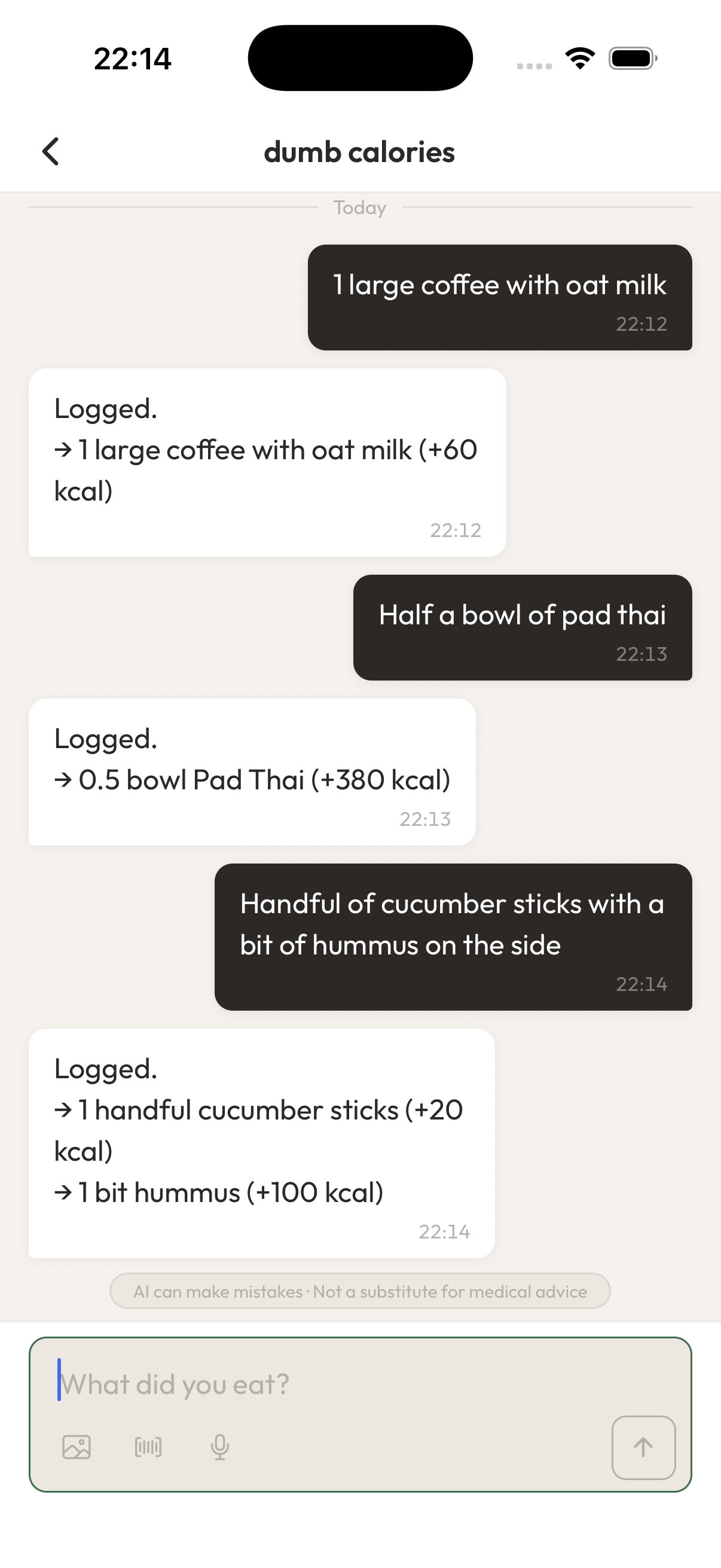You write the sentence, the model reads it, and the entry — calories and macros — appears in your log.